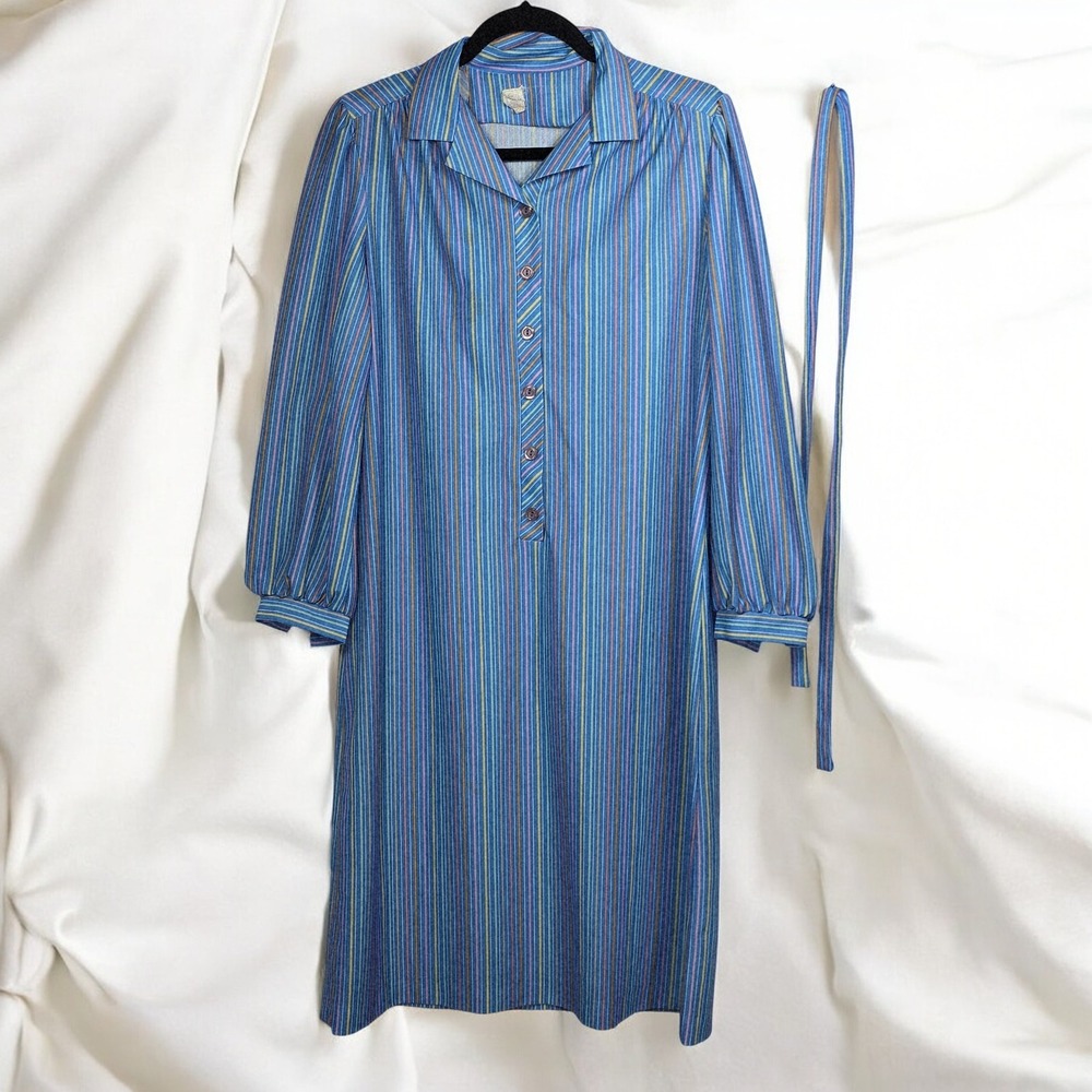 Vintage Striped Dress Size‎ 14 Blue Long Sleeve Button Up Midi Mod Style Retro